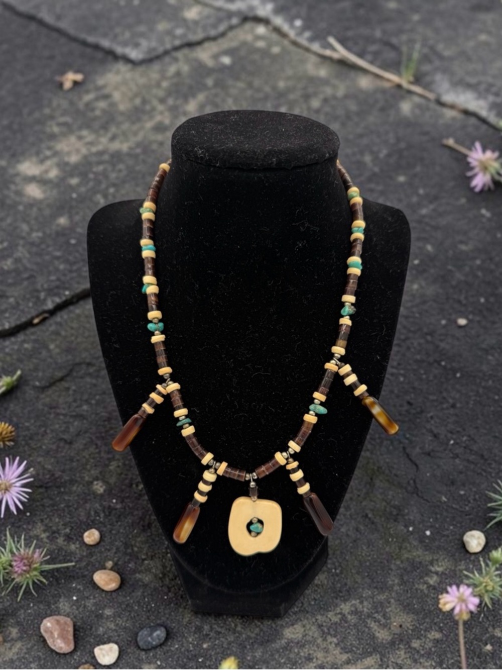 Vintage Brown and Turquoise Beaded Pendant Necklace